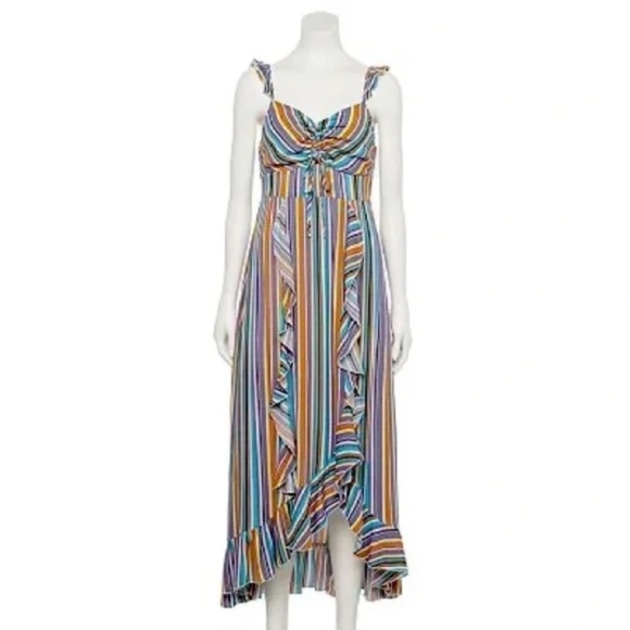 Hint of Mint | New Multicolor Striped Ruffled Smocked Maxi Dress, Juniors Large - Picture 2 of 10